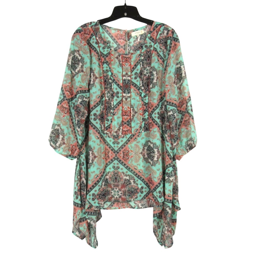 UMGEE Teal/Coral PAISLEY Chiffon PLEATED FRONT Sharkbite Hem BLOUSE/TUNIC TOP XL